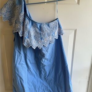 Mud Pie Blue One Shoulder Dress with White Lace